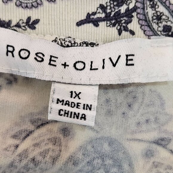 Rose + Olive Womens 1X Paisley Border Boho Print Tunic Top Blue & White - Picture 5 of 9